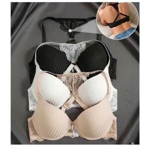 3pcs Elegant Lace Front Closure Push-Up Bra Set – White, Black & Nude Size 38D